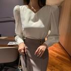 Puff-sleeve V-neck Satin Blouse