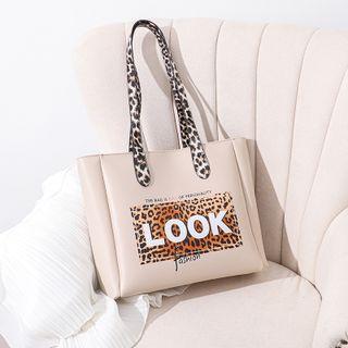 Lettering Leopard Print Panel Faux Leather Tote Bag Beige - One Size
