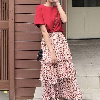 Crew-neck Short-sleeve T-shirt / Flower Print Midi Tiered Skirt