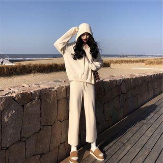 Set: Plain Hoodie + Drawstring Cropped Wide-leg Pants