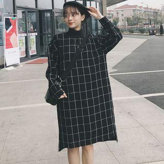 Check Mock-neck Long-sleeve Dress