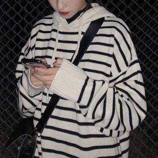 Striped Hooded Long-sleeve Knit Top Black Stripes - White - One Size