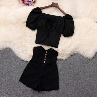 Set: Puff-sleeve Lace-up Blouse + Shorts