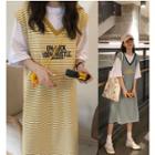 Mock Two Piece 3/4-sleeve Striped Letter Midi T-shirt Dress
