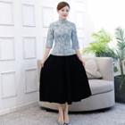 3/4-sleeve Floral Print Qipao Top / Midi A-line Skirt / Set