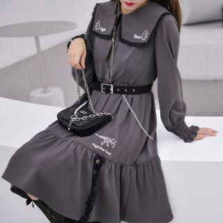 Long-sleeve Embroidered Collar A-line Dress