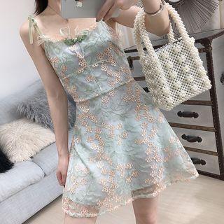 Spaghetti Strap Embroidered Mesh Dress