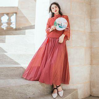 Plain Camisole Top / Flower Embroidered 3/4-sleeve Hanfu Top / Maxi A-line Skirt