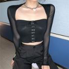 Cropped Mesh Blouse Black - One Size