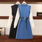Mock Two-piece Puff-sleeve Midi A-line Knit Dress