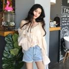 Ruffle Long-sleeve Loose-fit Blouse Almond - One Size