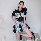 Set: Puff-sleeve Ruffled Top + Print Mini A-line Skirt
