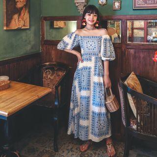Puff-sleeve Off-shoulder Print Maxi A-line Dress