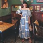 Puff-sleeve Off-shoulder Print Maxi A-line Dress