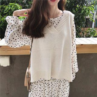 Long-sleeve Dotted Midi Dress / V-neck Knit Vest