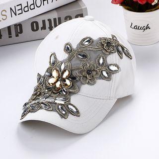 Flower Embroidered Rhinestone Baseball Cap