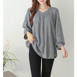 V-neck Houndstooth Flare Blouse