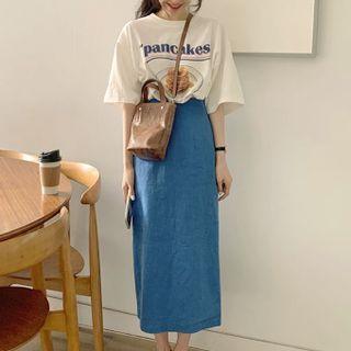 Short-sleeve Pancake Print T-shirt / Midi Pencil Skirt