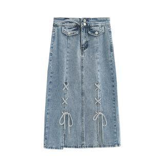 Washed Denim Lace Up Midi A-line Dress