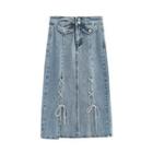 Washed Denim Lace Up Midi A-line Dress