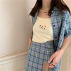Plaid Elbow-sleeve Shirt / Mini A-line Skirt / Flower Print Camisole Top
