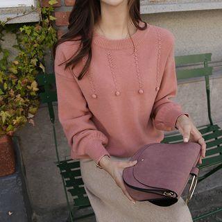 Punched-trim Pompom Knit Top