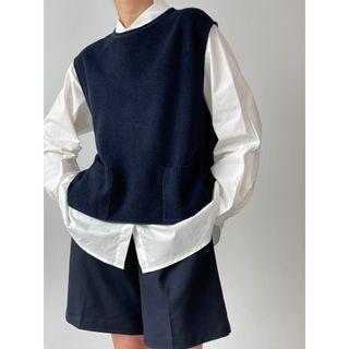 Round Neck Plain Sweater Vest Navy Blue - One Size