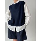 Round Neck Plain Sweater Vest Navy Blue - One Size