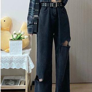 Plaid Crop Shirt / High Waist Distressed Loose Fit Jeans