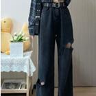 Plaid Crop Shirt / High Waist Distressed Loose Fit Jeans
