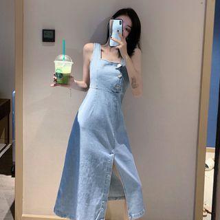 Sleeveless Square-neck Denim Midi A-line Dress