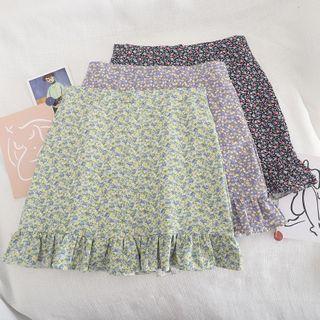 Fitted Floral Print Frill Trim Mini Skirt