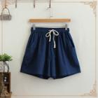 Plain Linen Elastic-waist Loose-fit Shorts