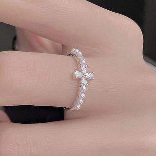 Cross Rhinestone Open Ring White Faux Pearl & Rhinestone - Silver - One Size