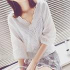 3/4-sleeve Perforated Lace Top