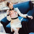 Contrast Trim Jeweled Collar Floral Embroidered Bow Accent Dress