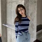 Long-sleeve Striped Cold Shoulder Striped Knit Top