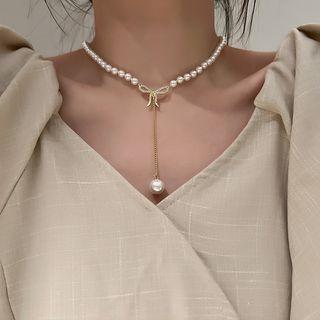 Bow Rhinestone Faux Pearl Pendant Choker Gold - One Size