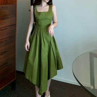 Wide Strap Midi A-line Dress Green - One Size