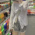 Long-sleeve Off-shoulder Irregular T-shirt / Checkered Shorts