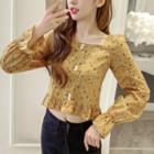 Long-sleeve Square-neck Floral Print Top
