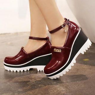 Faux Leather Ankle Strap Platform Wedge Shoes