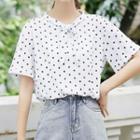 Short-sleeve Tie-neck Dotted Blouse