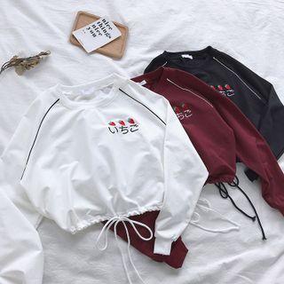 Strawberry Embroidered Drawstring Cropped Sweatshirt