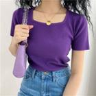 Square Neckline Knit Short-sleeve Top Purple - One Size
