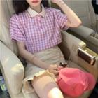 Short-sleeve Check Polo Shirt / Ruched Mini Fitted Skirt