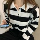 Striped Long-sleeve Cropped Knit Polo Shirt Black & White - One Size