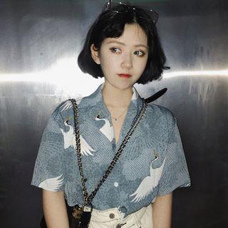 Short-sleeve Crane Print Shirt