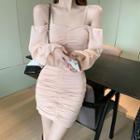 Plain Long-sleeve Slim-fit Dress Pink - One Size