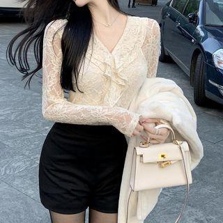 Long-sleeve V-neck Lace Top / Camisole Top / Shorts / Set